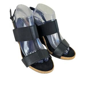 Aerosoles Black Plush Behind Open Toe Cork Wedge High Heels Strappy Size 10